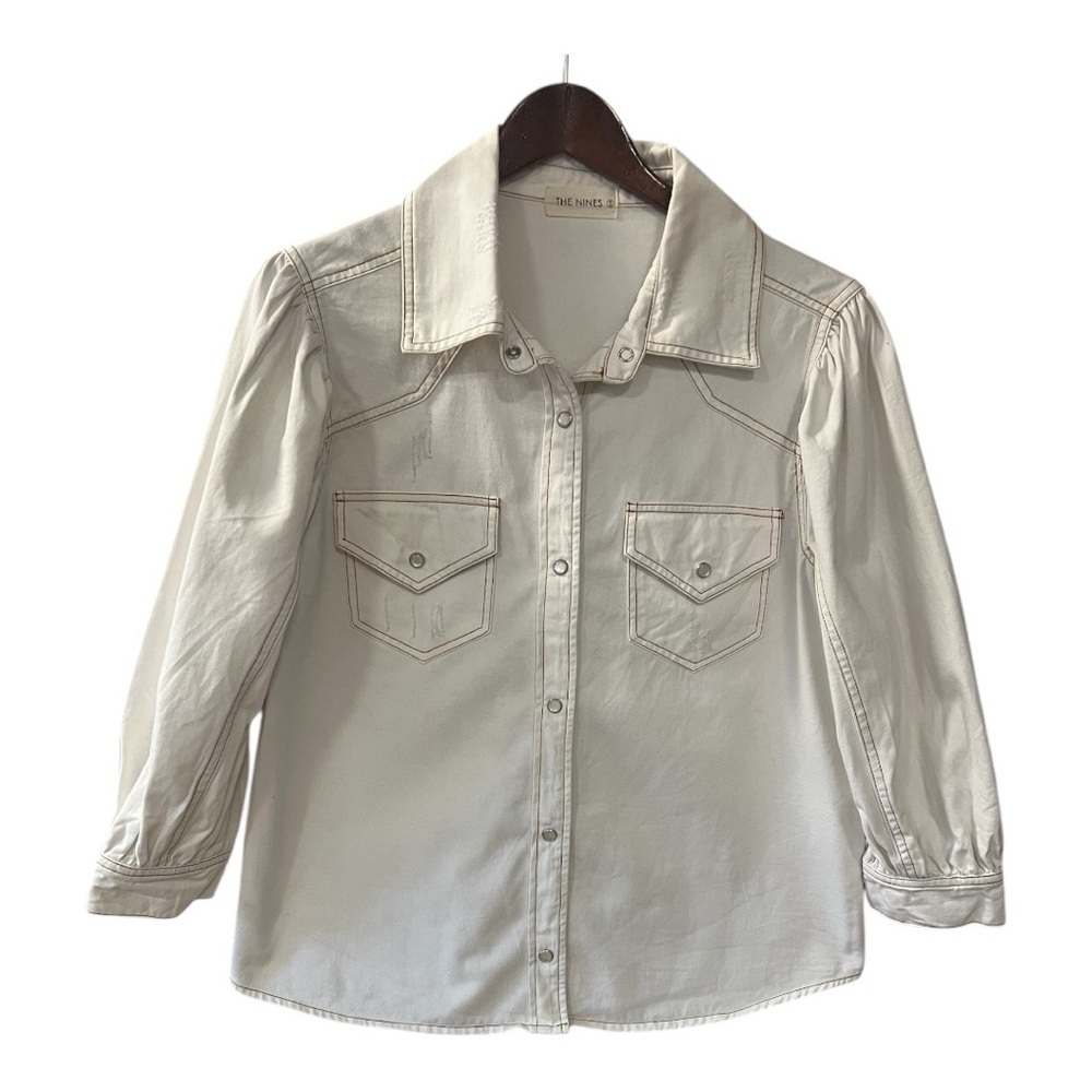 The Nines Western Off White Distressed 3/4 Sleeve Shirt Size S
